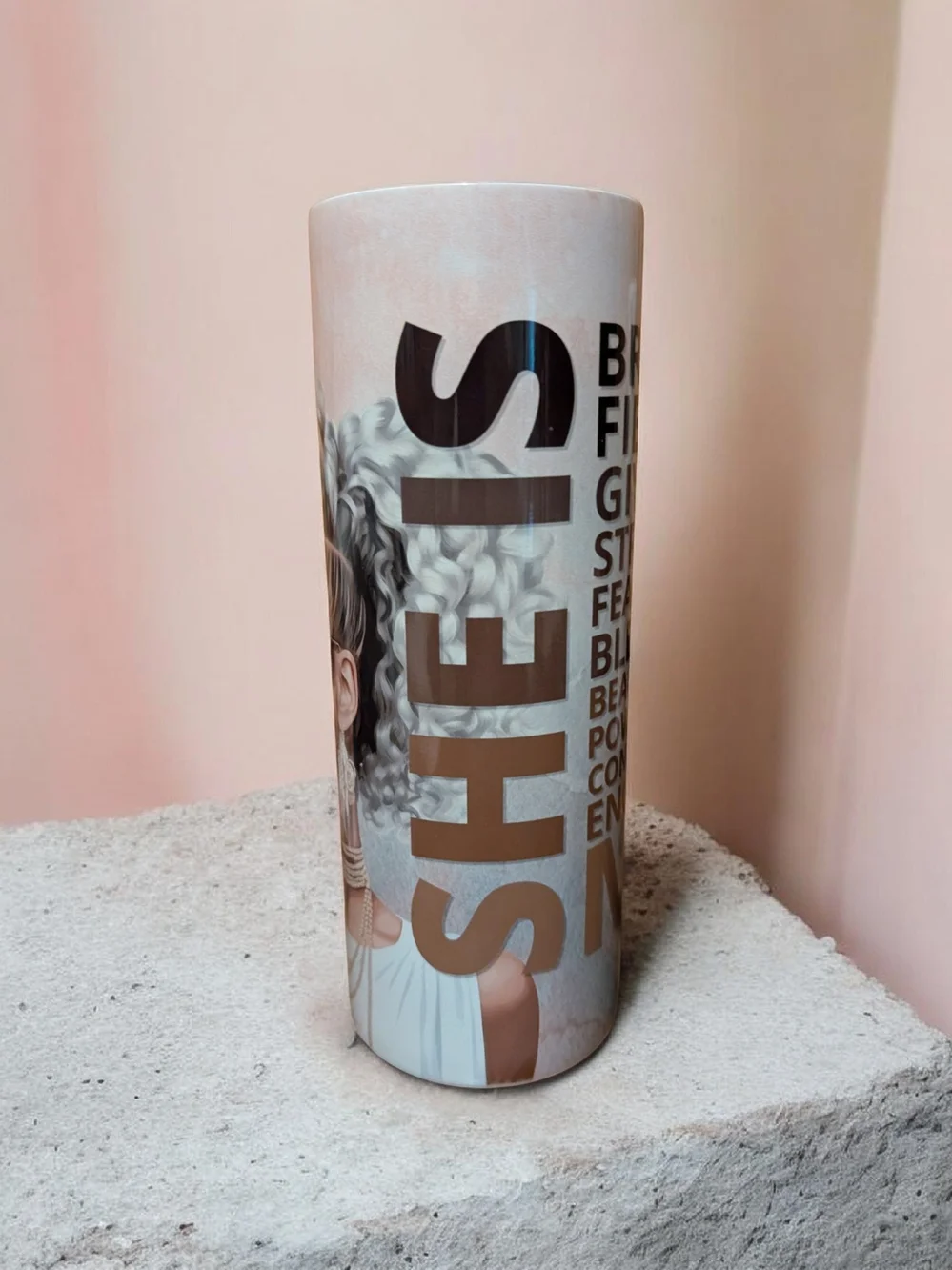 SHE IS Tall Decorative Tumbler - Beige and Gold Lettering